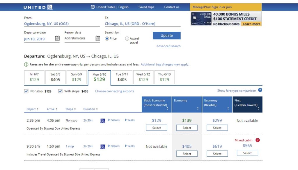 OGS to ORD Ogdensburg to Chicago on Skywest